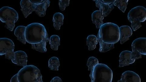 Multiple human skulls facing each other black colour 3D rendering and 3d illu Ilustração Stock