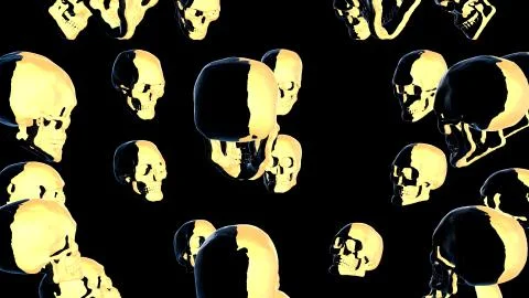 Multiple human skulls facing each other in golden and black colour 3D renderi Stock Illustration