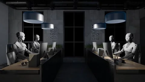 Multiple humanoid robots working at desks with computers in a office interior Stock Footage 312027655