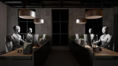Multiple humanoid robots working at desks with computers in a office interior Stock Footage 312027836