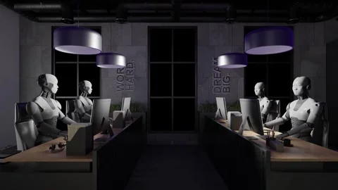 Multiple humanoid robots working at desks with computers in a office interior Stock Footage 312028846