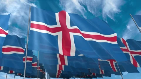 Multiple Iceland flags seamless looping waving on blue sky Stock Footage 343681482