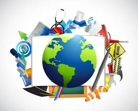 Multiple icons around a globe. illustration design Stock Illustration