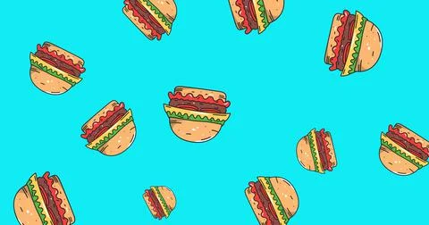Multiple image of falling american hamburger sandwiches against blue abstract Stock Illustration