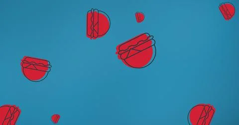 Multiple image of red american hamburger sandwiches against blue abstract Stock Illustration