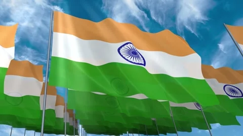 Multiple India flags seamless looping waving on blue sky Stock Footage 343681470