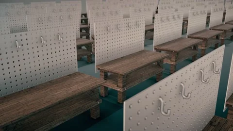 Multiple Industrial Work Benchs in a row 4k Stock Footage 148488080