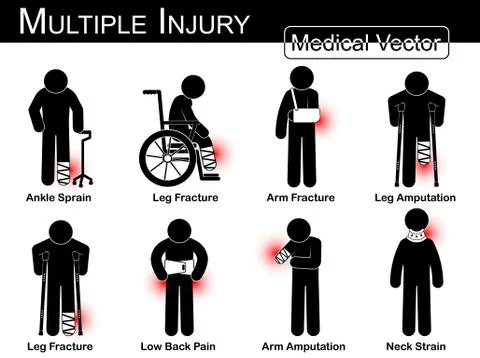 Multiple injury set ( Ankle sprain , Leg fracture , Arm fracture , Leg amputa Stock Illustration