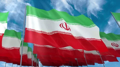 Multiple Iran flags seamless looping waving on blue sky Stock Footage 343681638