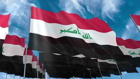 Multiple Iraq flags seamless looping waving on blue sky Stock Footage 343681625