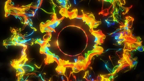Multiple iridescent multicolored pulsating shockwave particle explosions alpha Stock Footage 128201766