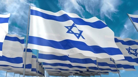 Multiple Israel flags seamless looping waving on blue sky Stock Footage 343681699