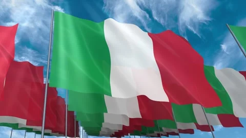 Multiple Italy flags seamless looping waving on blue sky Stock Footage 343681700