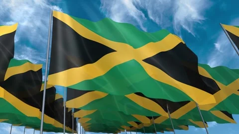 Multiple Jamaica flags seamless looping waving on blue sky Stock Footage 343681771