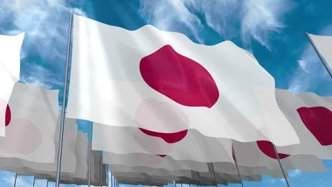 Multiple Japan flags seamless looping waving on blue sky Stock Footage 343681891