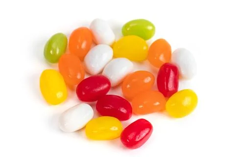 Multiple jelly bean candy sweets on white background 스톡 사진