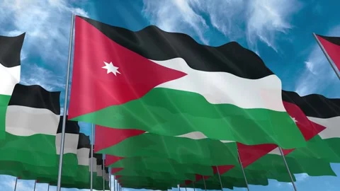 Multiple Jordan flags seamless looping waving on blue sky Stock Footage 343681861