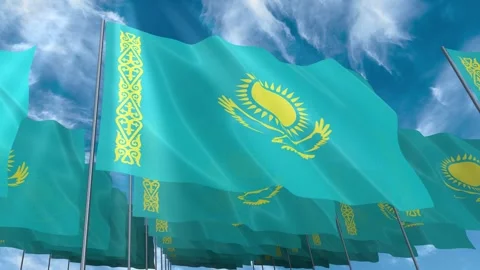 Multiple Kazakhstan flags seamless looping waving on blue sky Stock Footage 343681927