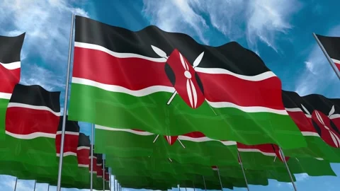 Multiple Kenya flags seamless looping waving on blue sky Stock Footage 343681939