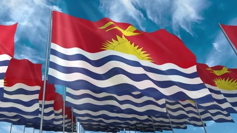 Multiple Kiribati flags seamless looping waving on blue sky Stock Footage 343682007