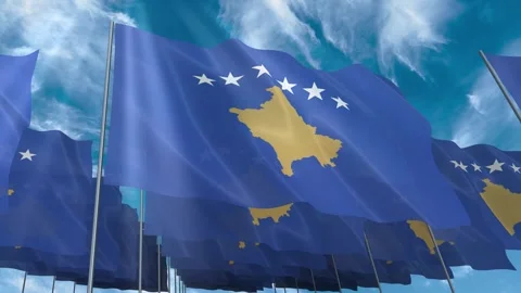 Multiple Kosovo flags seamless looping waving on blue sky Stock Footage 343681970
