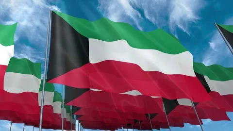 Multiple Kuwait flags seamless looping waving on blue sky Stock Footage 343682003