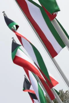 Multiple Kuwait national flags flying during the day at a event in Qatar Фото