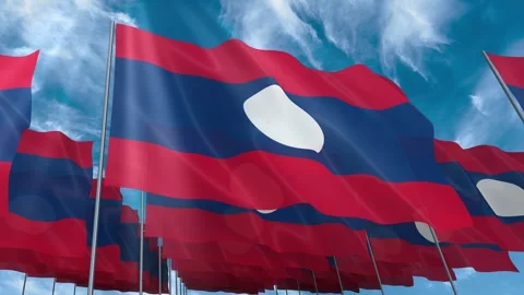 Multiple Laos flags seamless looping waving on blue sky Stock Footage 343682060
