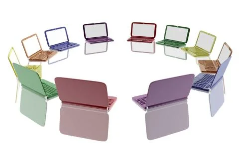 Multiple laptops in different colors forming a circle Illustrazione stock