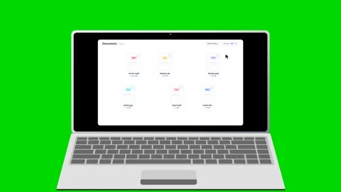 Multiple laptops showing data organization and file sorting animation. 4K Stock Footage 341693949