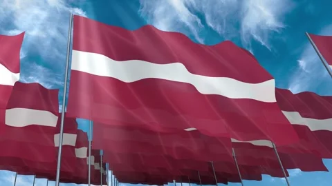 Multiple Latvia flags seamless looping waving on blue sky Stock Footage 343682143