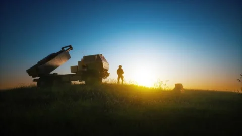 Multiple launch rocket system on the background of sunset sky Stock Footage 205754146