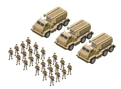 Multiple launch rocket systems army vehicles 3d vector illustration. Stock Illustration