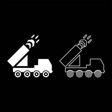 Multiple launch volley reactive rocket system fire shoots missiles set icon.. Illustrazione stock