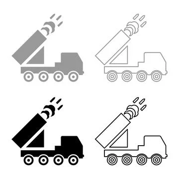 Multiple launch volley reactive rocket system fire shoots missiles set icon.. Illustrazione stock