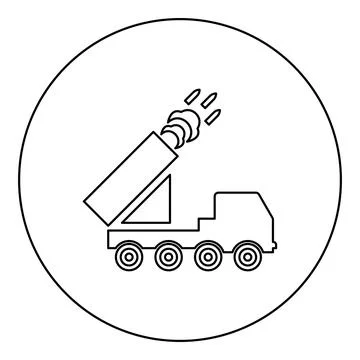 Multiple launch volley reactive rocket system fire shoots missiles icon in .. Illustrazione stock