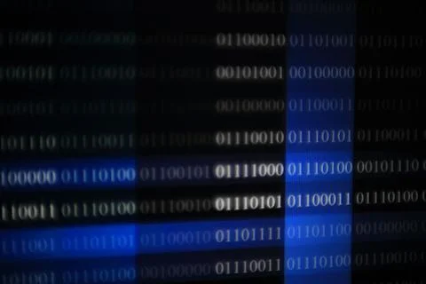 Multiple layers matrix of binary code on blue space background. column of whi Stock Photos