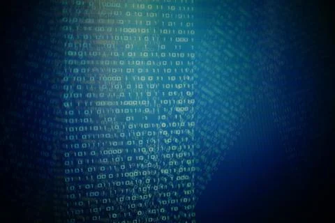 Multiple layers matrix of binary code on blue space background. column of whi Stock Photos