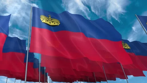 Multiple Liechtenstein flags seamless looping waving on blue sky Stock Footage 343682366