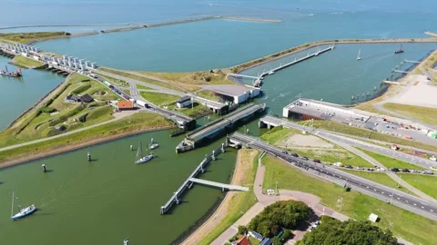 Multiple lifting bridges a7 motorway facilitate transit lorentzsluizen complex Stock Footage 327941901