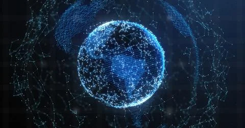 Multiple light trails over network of connections and spinning globe against Stock Photos