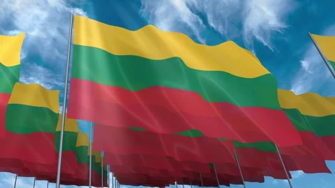 Multiple Lithuania flags seamless looping waving on blue sky Stock Footage 343682440