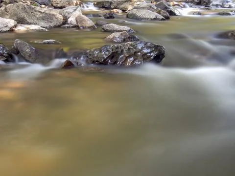 Multiple long exposure composite of the stream of the Moniquira river, a trop Stock Photos