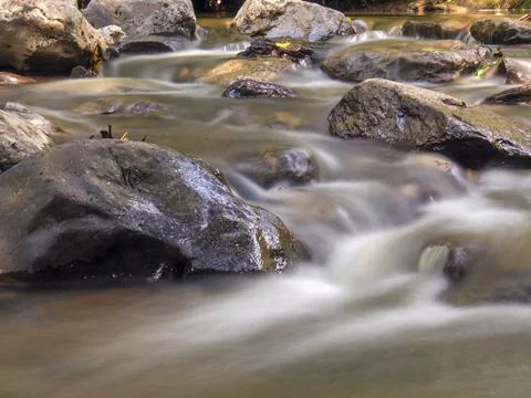 Multiple long exposure composite of the stream of the Moniquira river, a trop Stock-Fotos