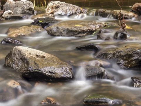 Multiple long exposure composite of the stream of the Moniquira river, a trop Stock Photos