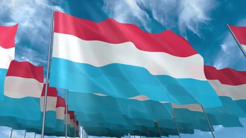 Multiple Luxembourg flags seamless looping waving on blue sky Stock Footage 343682547