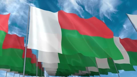 Multiple Madagascar flags seamless looping waving on blue sky Stock Footage 343682514