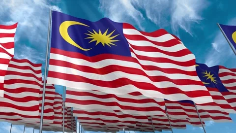 Multiple Malaysia flags seamless looping waving on blue sky Stock Footage 343682760