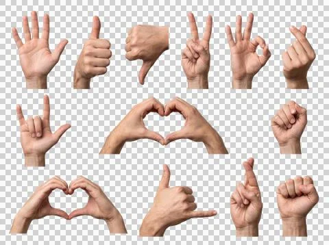 Multiple male hand gestures displaying various signs and emotions. Stock Photos