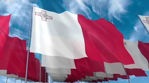Multiple Malta flags seamless looping waving on blue sky Stock Footage 343682833